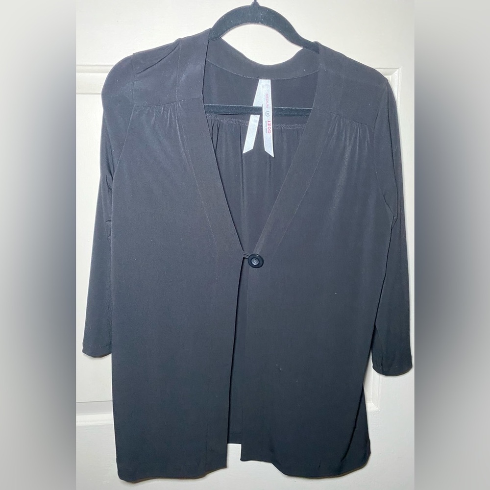 IZOD Silver Crest Black Cardigan Sweater Medium V-Neck Single Button 3/4 Sleeve‎